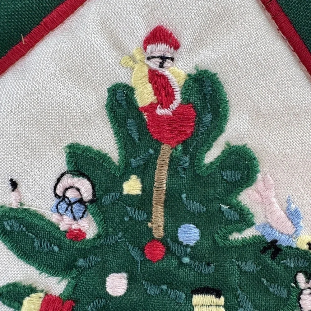Vtg Linen‎ Embroidered Potholders Christmas Tree Cottagecore Traditional 80s Nos
